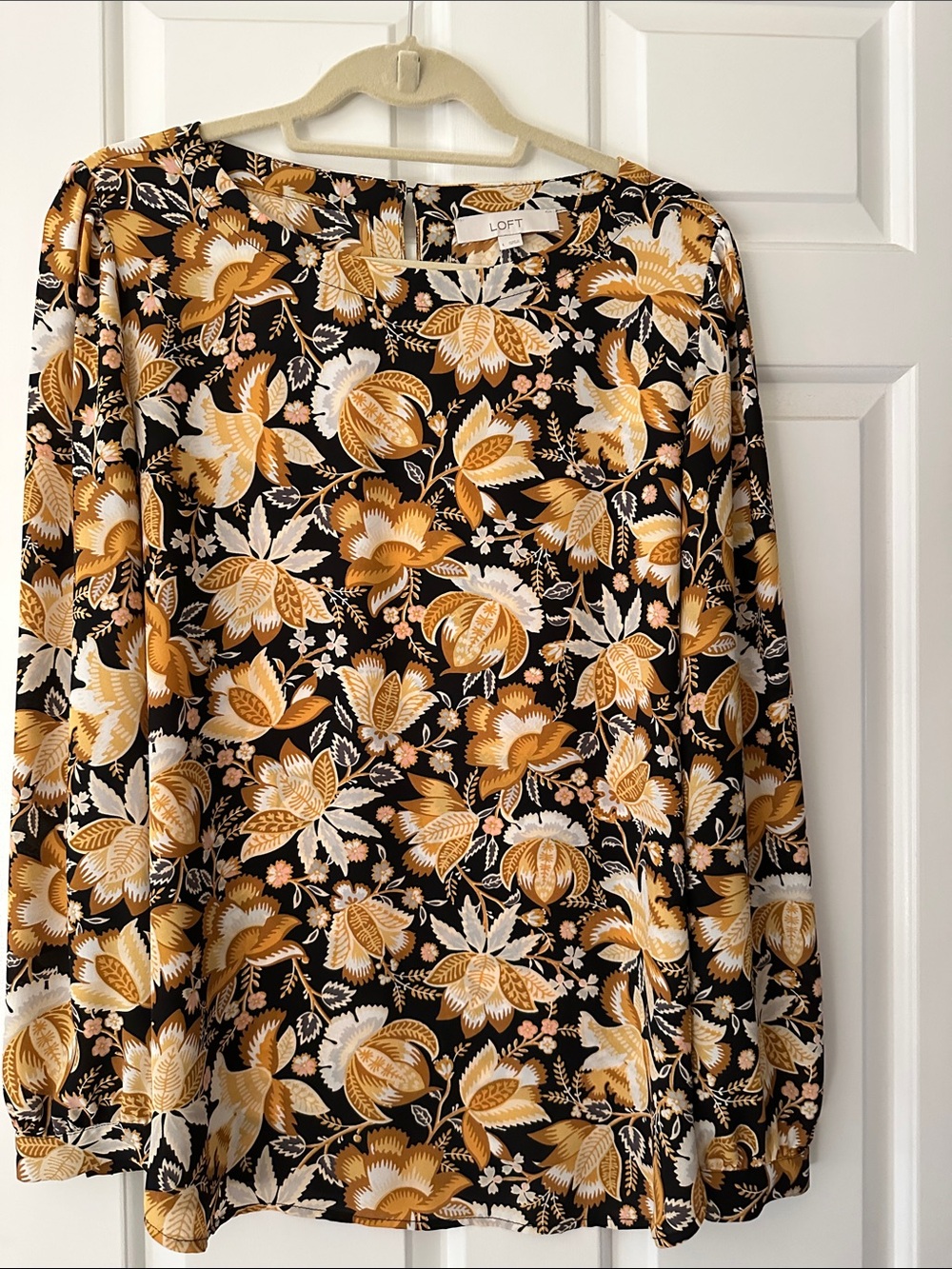LOFT Black Floral Blouse with Mustard and Cream Print